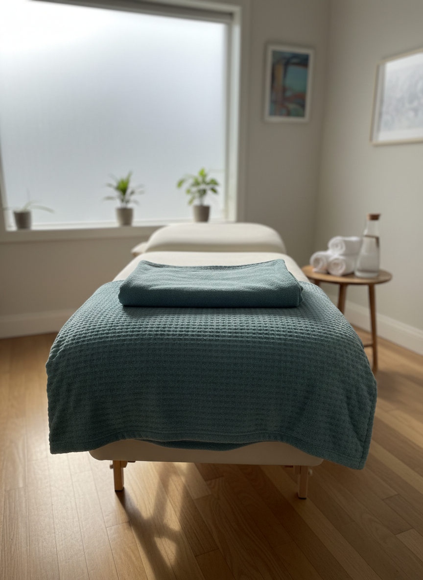 A neatly folded, soft teal therapy blanket resting on a padded treatment couch, its fabric finely textured and inviting, in a calm, uncluttered Bowen therapy room. The couch sits centrally on a warm wooden floor, with a small side table holding neatly arranged towels and a glass water carafe. Soft daylight filters through a frosted window, creating diffused, gentle illumination and subtle shadows that emphasize the fabric and surfaces. The atmosphere feels professional, safe, and soothing. Photographed at eye level with a shallow depth of field, the foreground details are pin-sharp while the background fades into a gentle blur, conveying photographic realism and a serene clinical yet homely feel suitable for a health practice.
